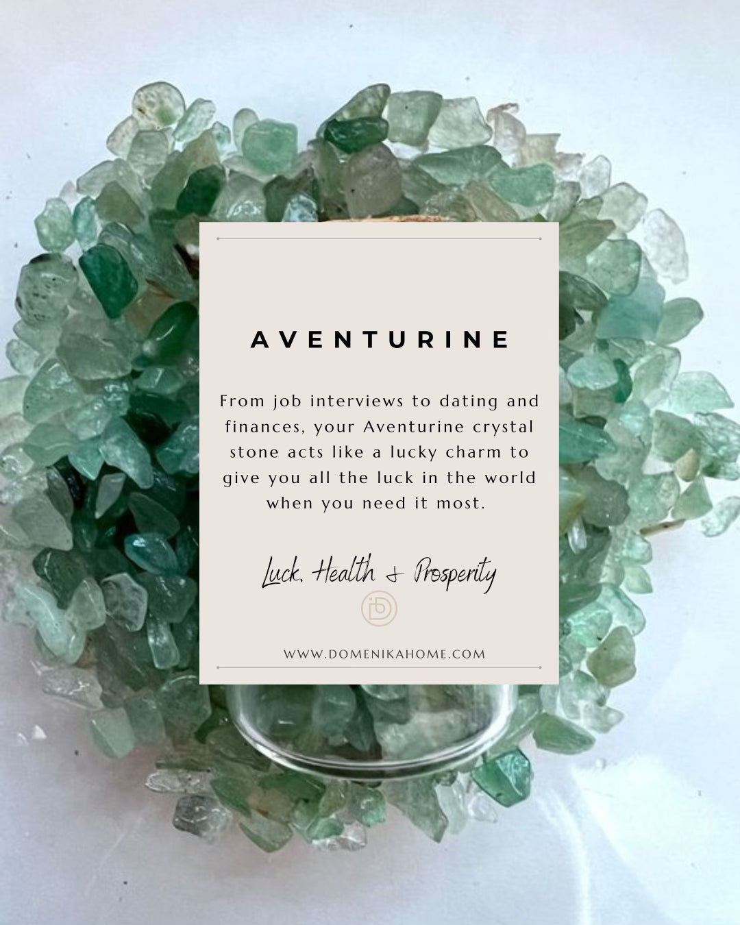 Aventurine crystal cluster with a card explaining its properties on a white background