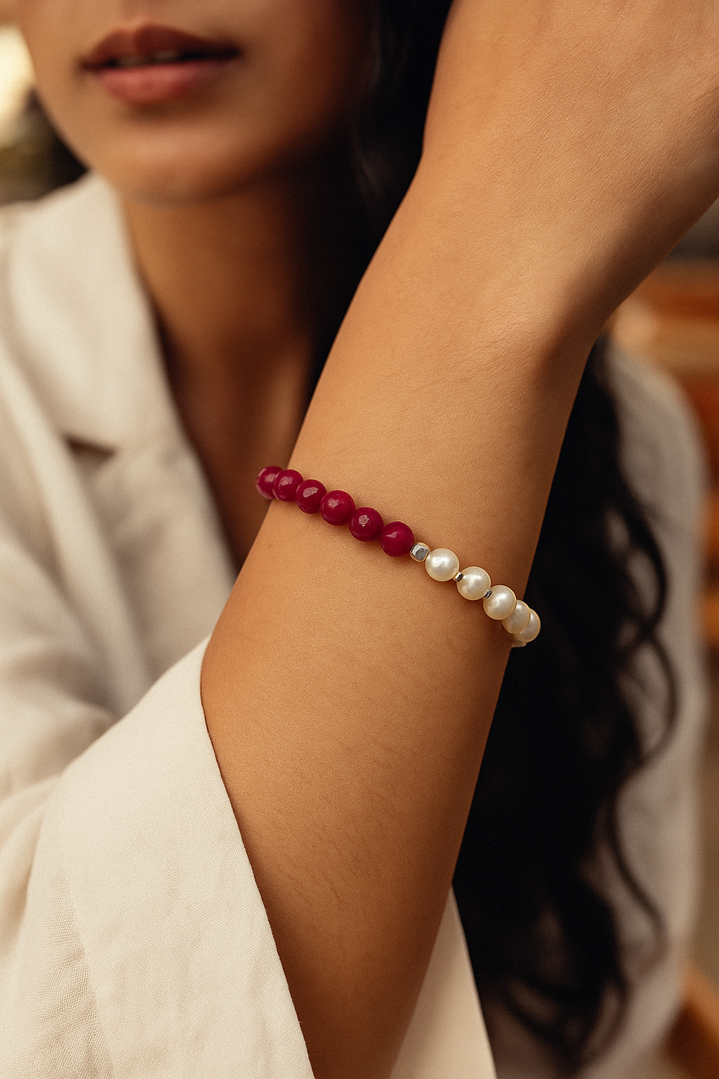 Natural Ruby and Pearl Bracelet with 950 Silver Clasp