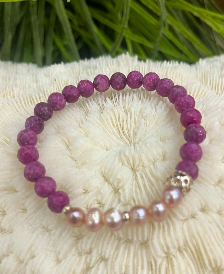 Natural Ruby and Pearl Bracelet with 950 Silver Clasp