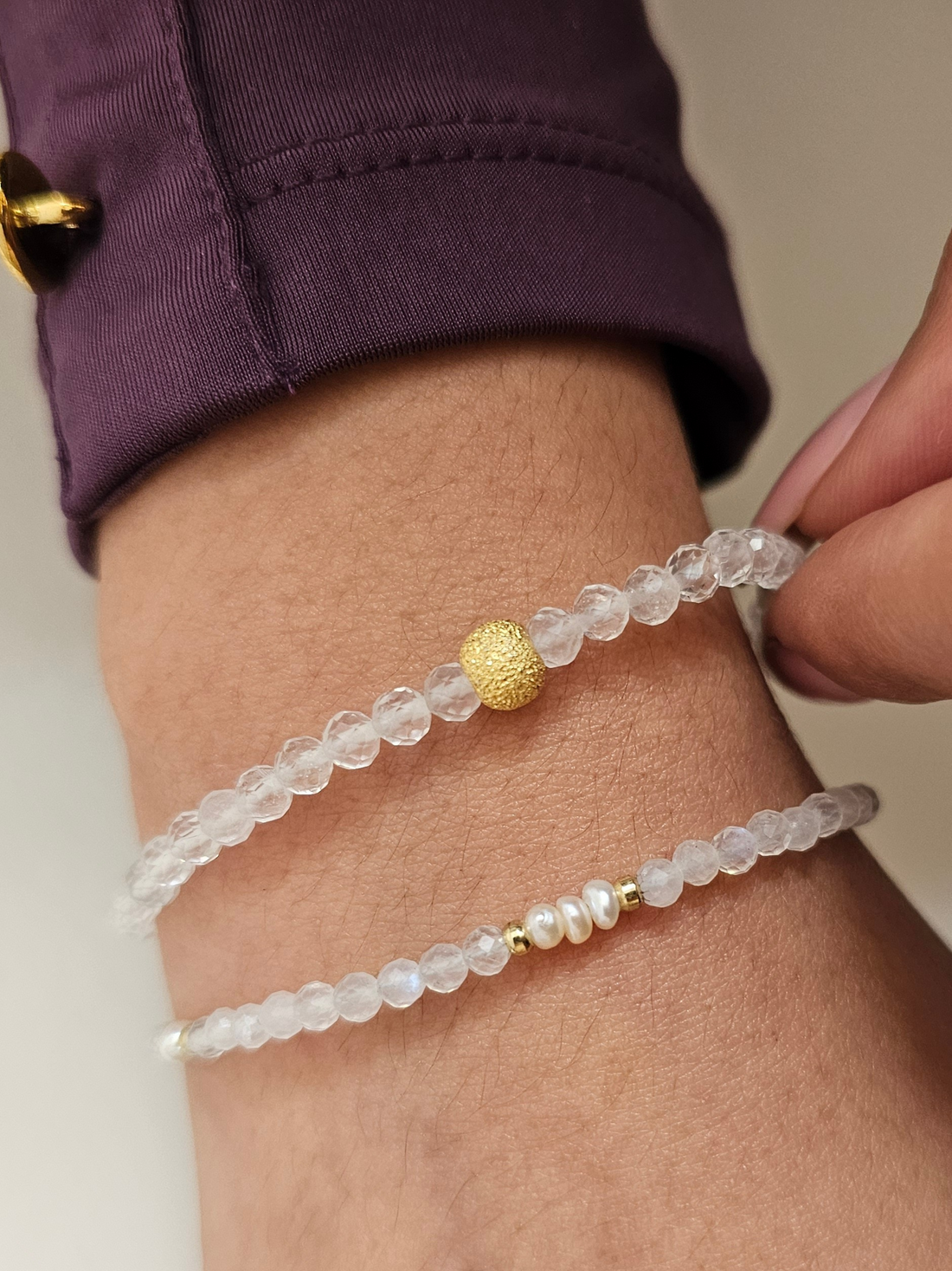 Moonstone, Real Pearl &amp; Gold-Plated Bracelet