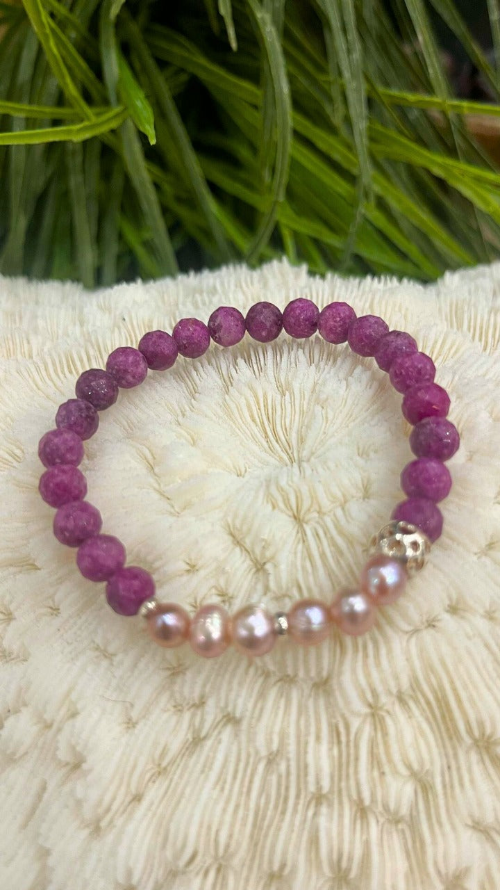 Natural Ruby and Pearl Bracelet with 950 Silver Clasp